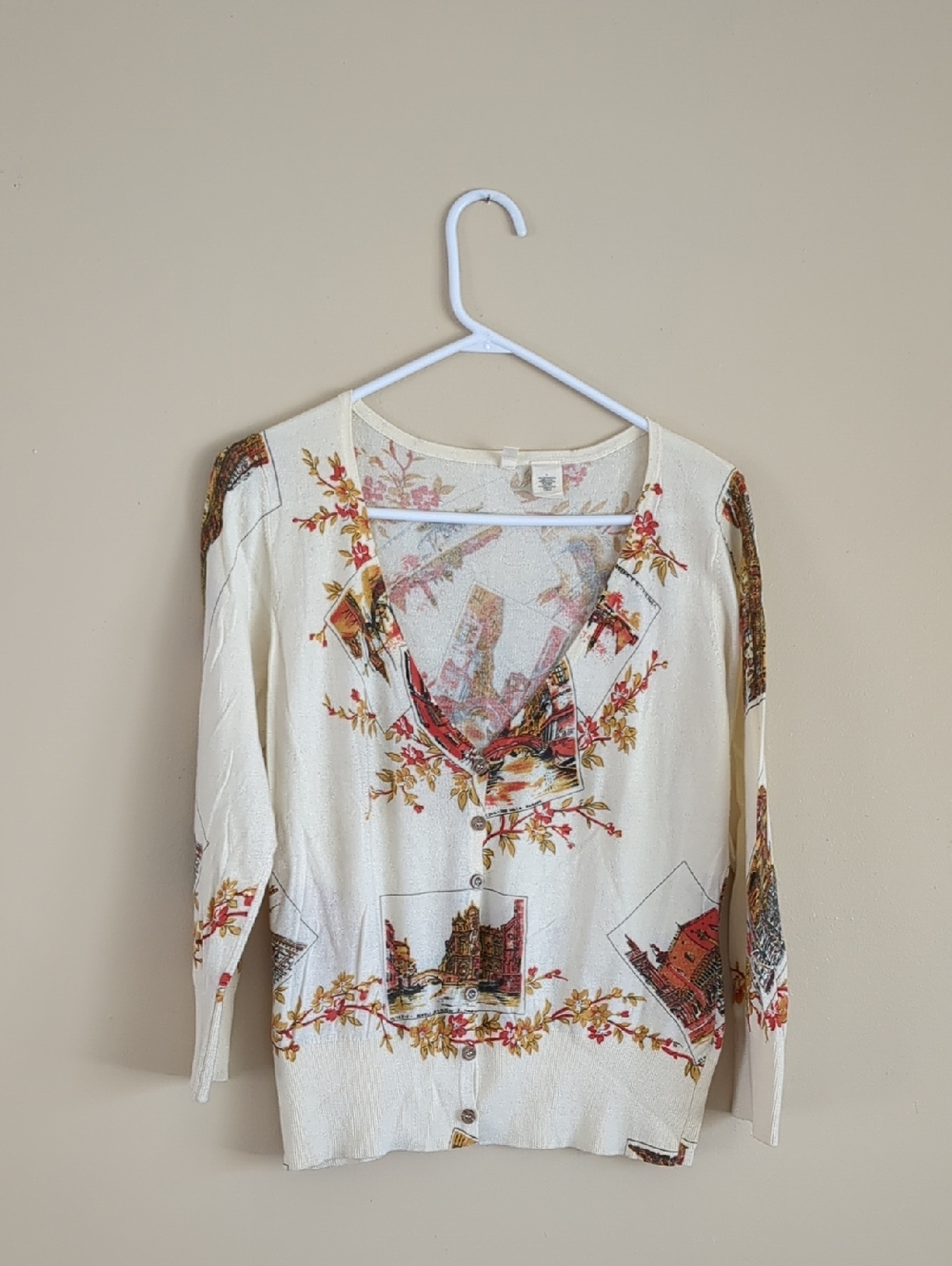 Large Anthroplogie Moth La Dominante Cardigan Postcard Button Front Whimsy